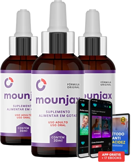 Kit econômico Leve 3 Pague 2 de Mounjax Gotas, incluindo 3 frascos âmbar, e-books de receitas saudáveis e tela demonstrativa do aplicativo oficial de acompanhamento.