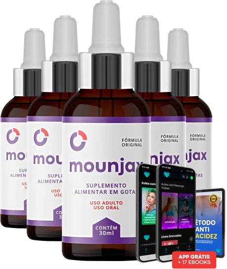 Kit recomendado de 5 frascos de Mounjax Gotas para tratamento intensivo de 150 dias, acompanhado de guias nutricionais digitais e aplicativo exclusivo para suporte.