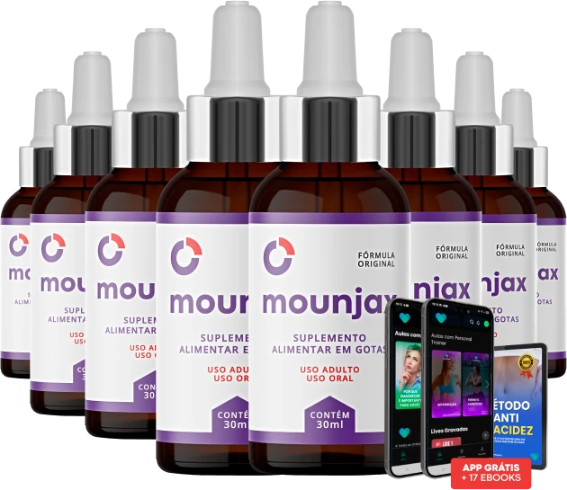 Tratamento completo Leve 8 Pague 5 de Mounjax Gotas em frasco de 30ml sublingual, acompanhado de 17 e-books bônus e suporte premium no aplicativo.
